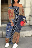 Baby Blue Sexy Street Faux Denim Print Lace Up Slit Off Shoulder Printed Dresses