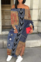 Dark Blue Sexy Street Faux Denim Print Lace Up Slit Off Shoulder Printed Dresses
