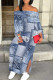 Baby Blue Sexy Street Faux Denim Print Lace Up Slit Off Shoulder Printed Dresses