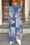 Baby Blue Sexy Street Faux Denim Print Lace Up Slit Off Shoulder Printed Dresses