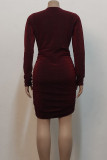 Gold Sexy Solid Color Patchwork Ruched V Neck Wrapped Skirt Dresses