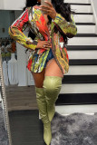 Multi-color Casual Print Buttons Patchwork Turn-back Collar Outerwear