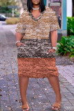 Brown Casual Print Basic V Neck Short Sleeve Plus Size Dresses