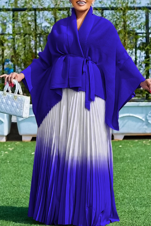 Royal Blue Street Gradient Color Patchwork Strap Design Pleated Cardigan Collar Long Sleeve Two Pieces