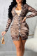 Grey Black Sexy Print Buckle Patchwork Turndown Collar Wrapped Skirt Dresses