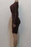 Gold Sexy Solid Color Patchwork Ruched V Neck Wrapped Skirt Dresses