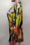 Multi-color Casual Print Buttons Patchwork Turn-back Collar Outerwear
