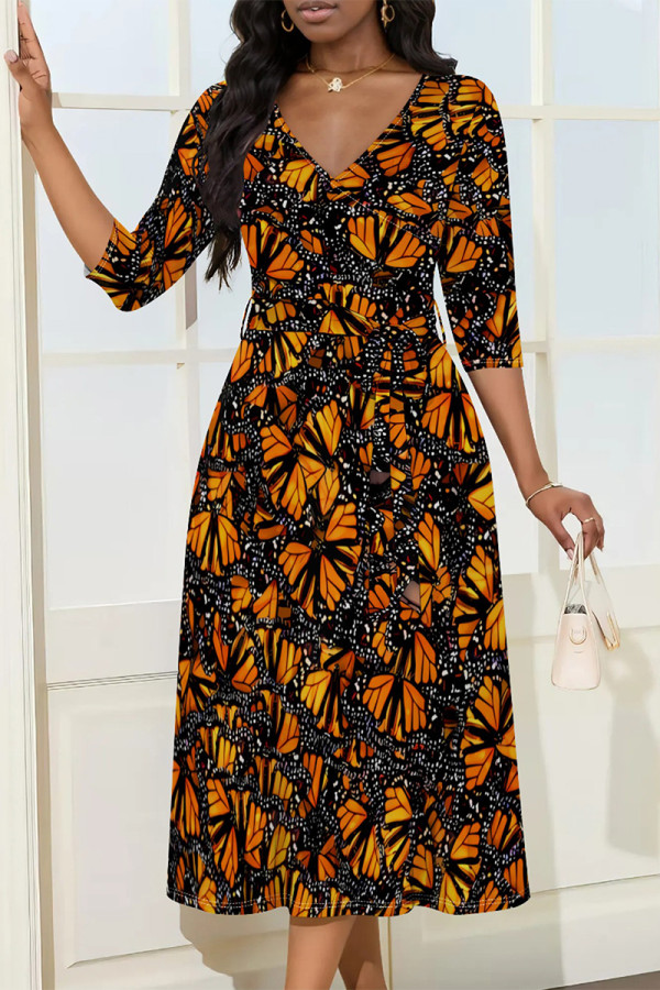 Orange Street Elegant Floral Print Chain print Pocket Lace Up Contrast V Neck Printed Dresses