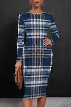 Blue Elegant Plaid Floral Print Contrast O Neck Printed Dresses