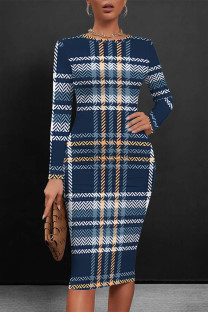 Blue Elegant Plaid Floral Print Contrast O Neck Printed Dresses