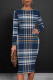 Blue Elegant Plaid Floral Print Contrast O Neck Printed Dresses