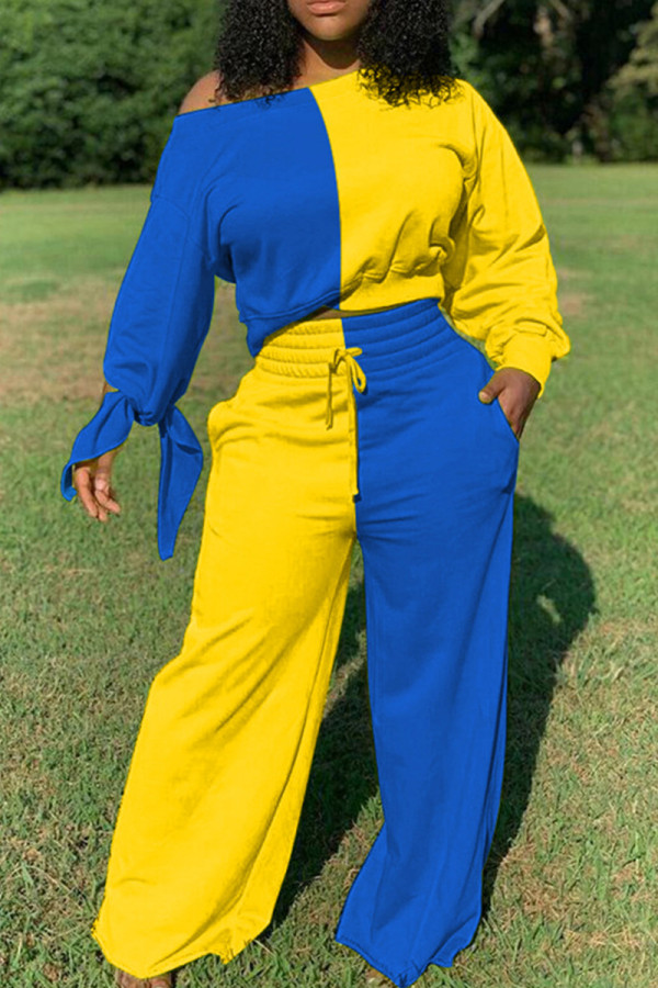 Blue Yellow Casual Colorblock Draw String Pocket Patchwork Contrast Oblique Collar Long Sleeve Two Pieces