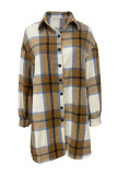 Coffee Casual Plaid Buttons Turndown Collar Outerwear