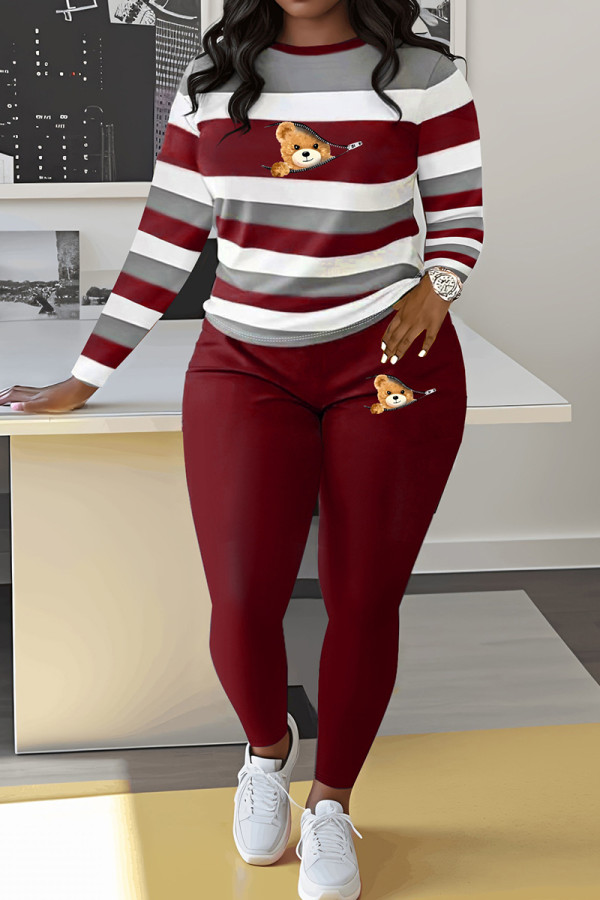 Burgundy Casual Print Patchwork O Neck Long Sleeve Two Pieces