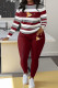 Burgundy Casual Print Patchwork O Neck Long Sleeve Two Pieces