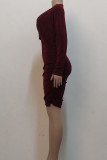 Gold Sexy Solid Color Patchwork Ruched V Neck Wrapped Skirt Dresses