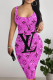 Rose Red Black Sexy Print Patchwork U Neck Wrapped Skirt Dresses