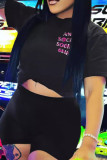 Black Casual Letters Patchwork O Neck Short Sleeve Two Pieces