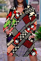 Multicolor Casual Print Pocket Patchwork V Neck Straight Plus Size Dresses