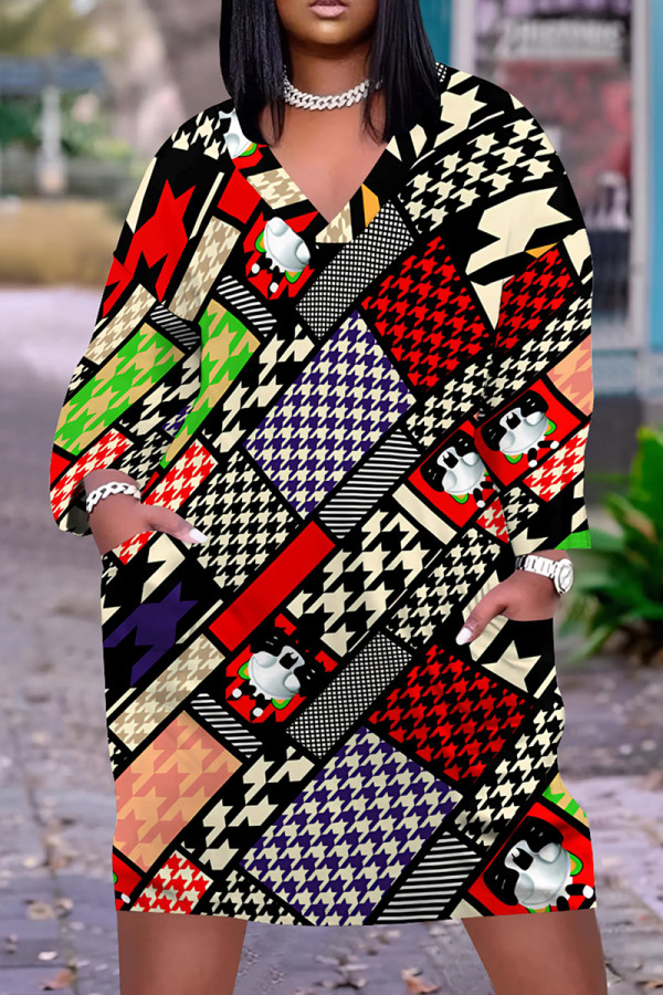 Multicolor Casual Print Pocket Patchwork V Neck Straight Plus Size Dresses