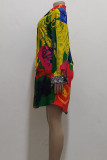 Colour Casual Print Buckle Patchwork Turndown Collar Shirt Dresses