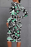 Blue Elegant Plaid Floral Print Contrast O Neck Printed Dresses