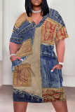 Baby Blue Casual Street Faux Denim Print Pocket Contrast V Neck Printed Plus Size Dresses