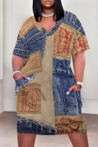 Blue Coffee Casual Street Faux Denim Print Pocket Contrast V Neck Printed Plus Size Dresses