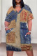 Blue Coffee Casual Street Faux Denim Print Pocket Contrast V Neck Printed Plus Size Dresses