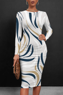 White Elegant Plaid Floral Print Contrast O Neck Printed Dresses