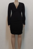 Gold Sexy Solid Color Patchwork Ruched V Neck Wrapped Skirt Dresses