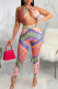 Rose Red Sexy Print Hollow Out Patchwork Asymmetrical Collar Sleeveless Two Pieces