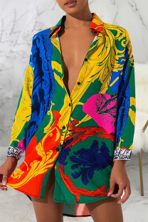 Colour Casual Print Buckle Patchwork Turndown Collar Shirt Dresses