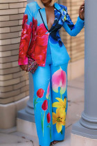Blue Street Print Buckle Patchwork Turn-back Collar Long Sleeve Two Pieces