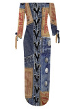 Baby Blue Sexy Street Faux Denim Print Lace Up Slit Off Shoulder Printed Dresses