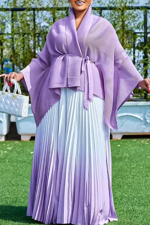 Light Purple Street Gradient Color Patchwork Strap Design Pleated Cardigan Collar Long Sleeve Two Pieces