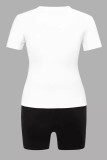 White Casual Letters Patchwork O Neck Short Sleeve Two Pieces