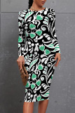 Blue Elegant Plaid Floral Print Contrast O Neck Printed Dresses