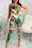 Rose Red Sexy Print Hollow Out Patchwork Asymmetrical Collar Sleeveless Two Pieces