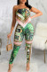 Green Sexy Print Hollow Out Patchwork Asymmetrical Collar Sleeveless Two Pieces