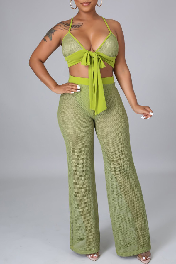 Green Sexy Solid Color Patchwork Strap Design Spaghetti Strap Sleeveless Two Pieces