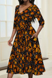 Baby Blue Street Elegant Floral Print Chain print Pocket Lace Up Contrast V Neck Printed Dresses