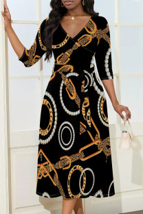 Black Street Elegant Floral Print Chain print Pocket Lace Up Contrast V Neck Printed Dresses