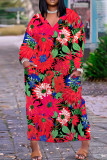 Navy Blue Casual Print Basic V Neck Long Plus Size Dresses