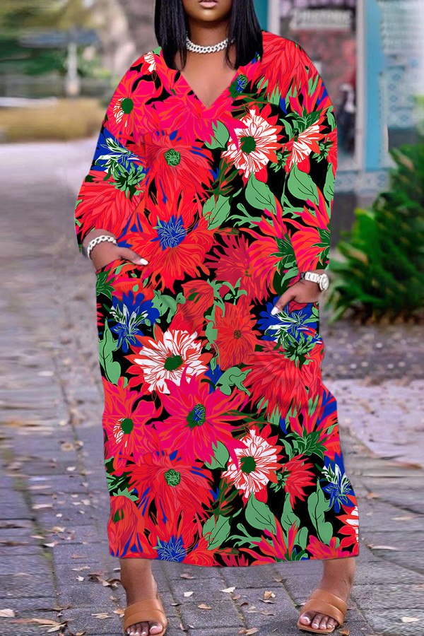 Red Casual Print Basic V Neck Long Plus Size Dresses