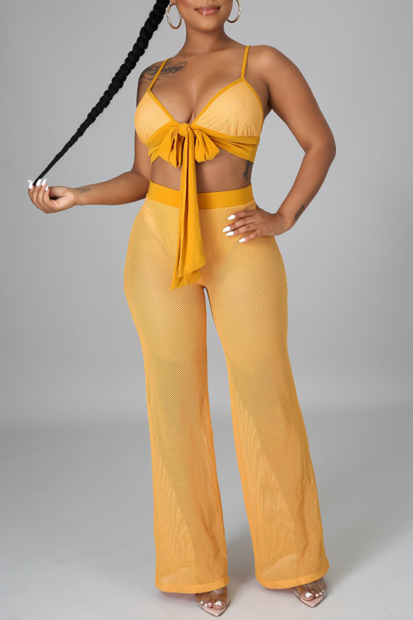 Yellow Sexy Solid Color Patchwork Strap Design Spaghetti Strap Sleeveless Two Pieces
