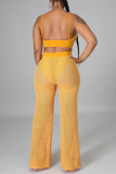 Yellow Sexy Solid Color Patchwork Strap Design Spaghetti Strap Sleeveless Two Pieces