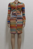 Yellow Orange Sexy Print Buckle Patchwork Turndown Collar Wrapped Skirt Dresses