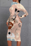 Blue Elegant Plaid Floral Print Contrast O Neck Printed Dresses