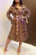 Brown Casual Leopard Print With Belt Turndown Collar Outerwear